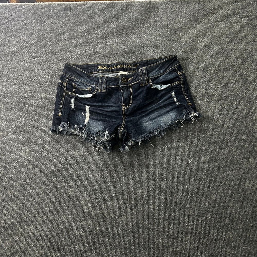 Blue Asphalt Denim Shorts Womens Size 7 Dark Wash Distressed Raw Hem Low Rise